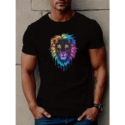 Europäische Größe Herren Freizeit Neon Löwenkopf T-Shirt - Sommer Kurzarm Rundhals Oberteil, Strickstoff, Normale Passform, Dehnbar, Geometrisches Muster