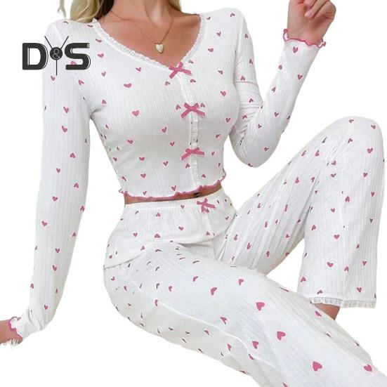 Women Lace Trim Pajama Set Long Sleeve V-Neck Front Button Tops Full-Length Pants Sleepwear Nightwear