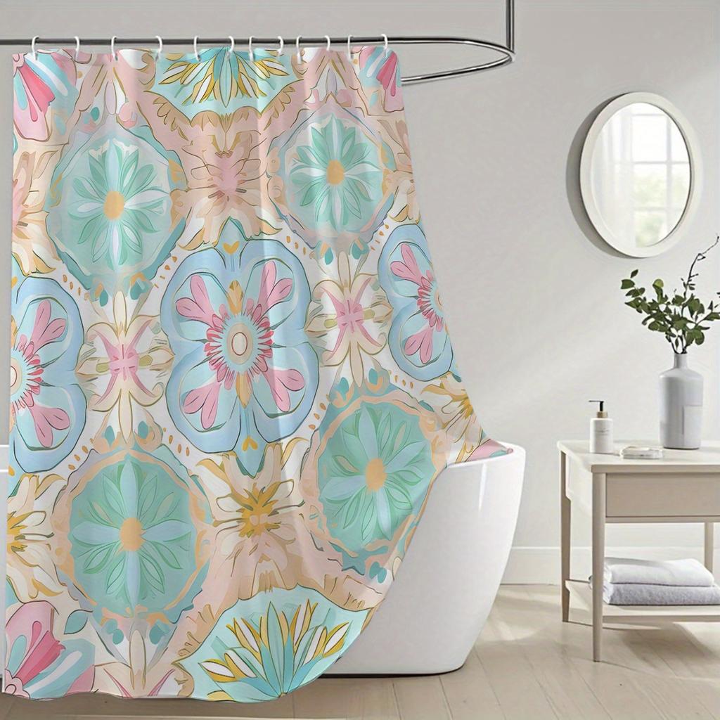 Art Deco Floral Curtain, Vibrant Print, Fade-Resistant, Machine Washable, Retro Bath Decor