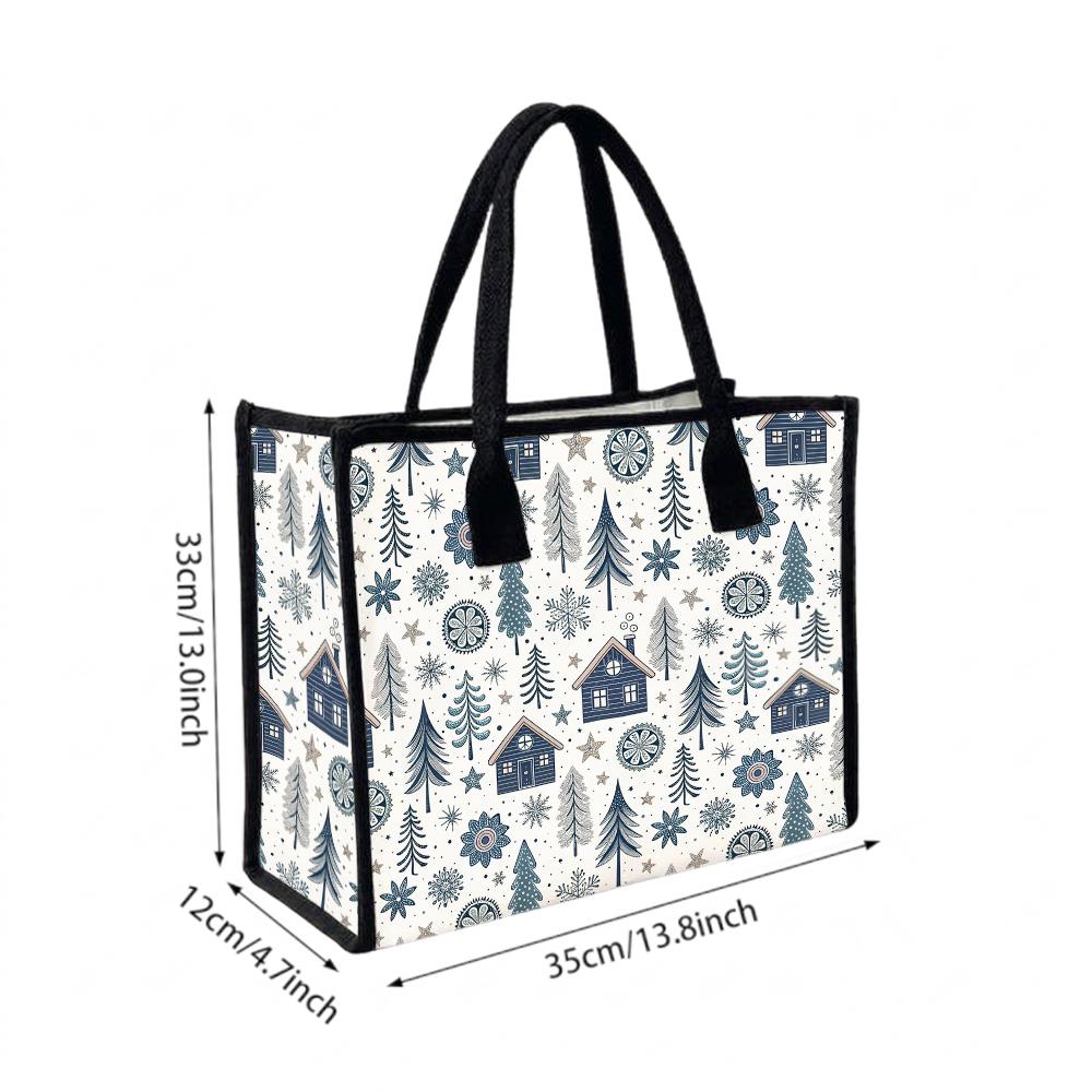 Winter Pattern Tote Bag Casual Canvas Shoulder Handbag For Daily Use Portable Fashion Shopping Bag