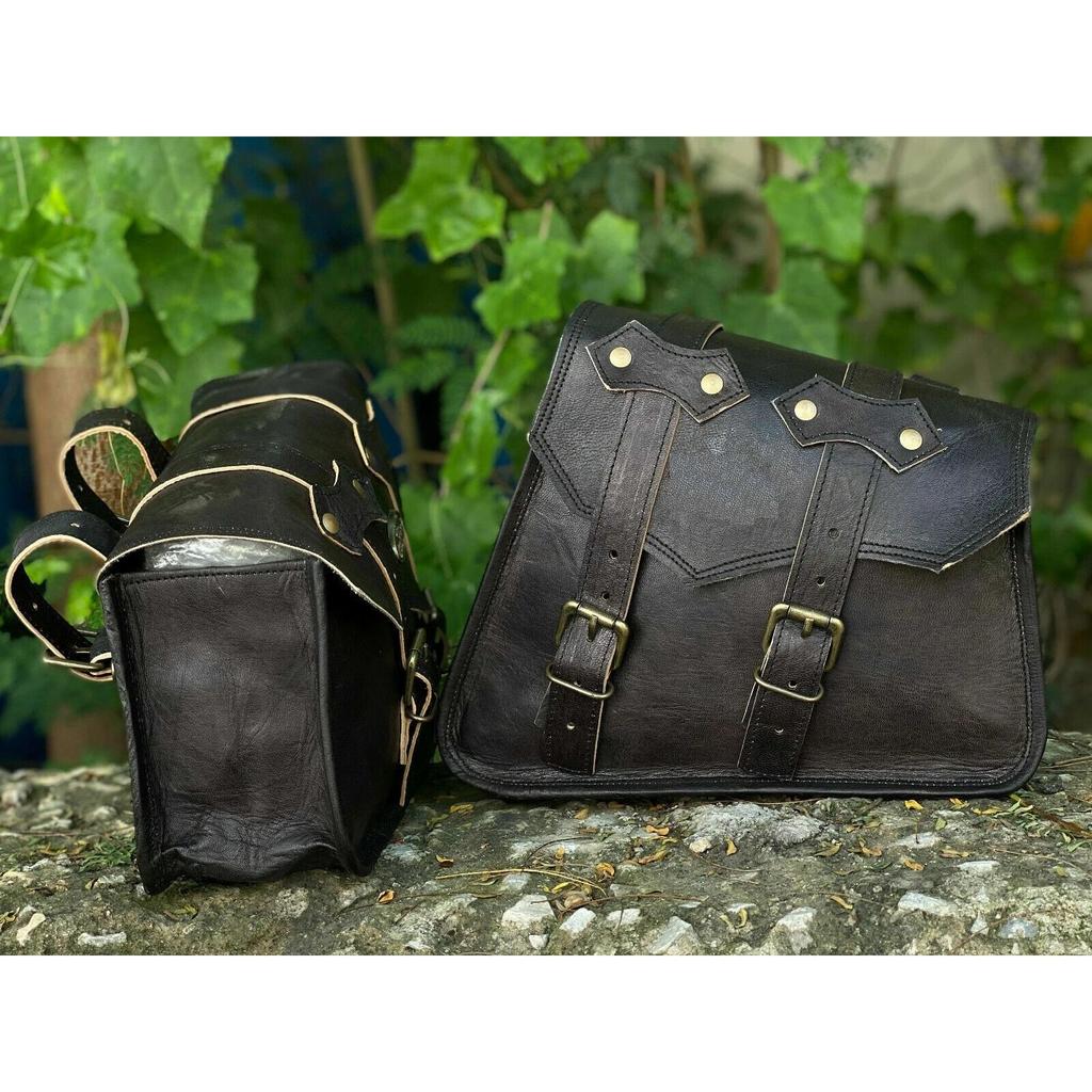 Bags Black Saddle Pouch Bags Tool Side Luggage Leather Motorcycle Combo Pair 2