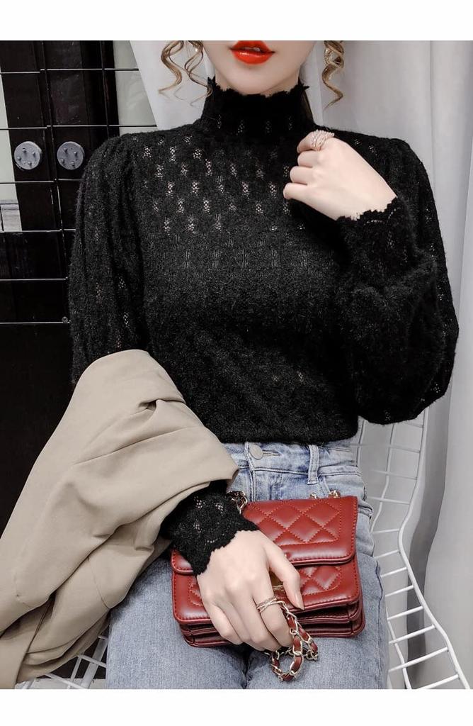 SEYIXU Koronkowa stójka Długa Seksowna i Urocza Koszula Damska Przezroczysty Top, Bluzka, Rękaw, Nadruk, Top, Przezroczysty, Cienki, Całkowicie Koronkowy