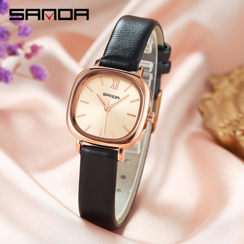 Sanda Ladies' Small Square Steel & Leather Quartz Watch