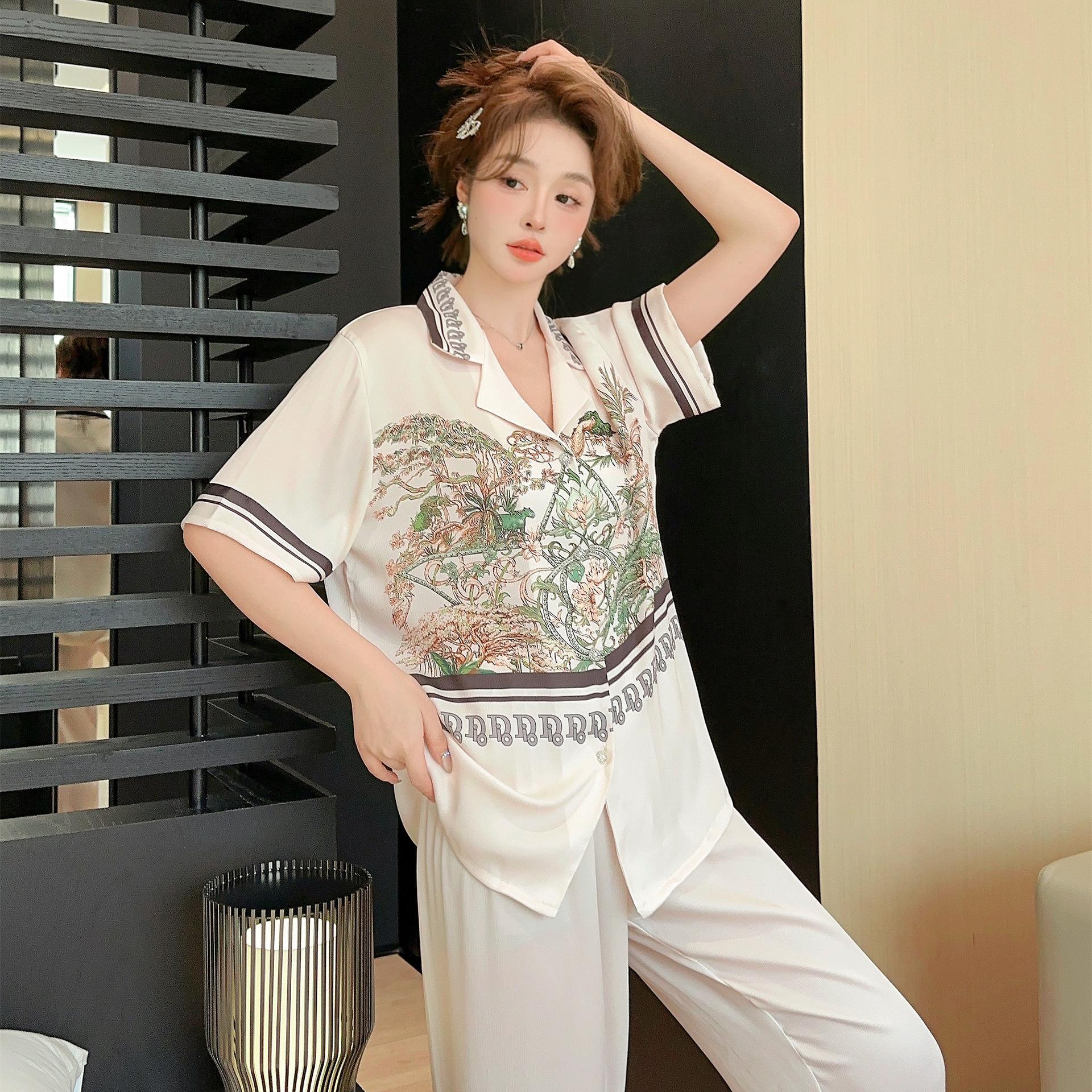 

Новая стильная шелковая пижама с принтом морщин для женщин, шелковая двухсекционная летняя домашняя одежда с длинными рукавами XL