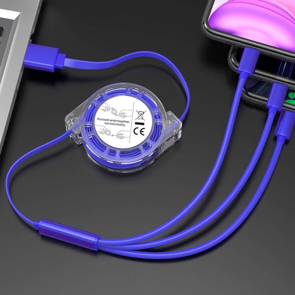 3 i 1 uttrekkbar USB Type C Micro USB-ladekabel for mobiltelefonladerkabel 1m hurtigladekabel