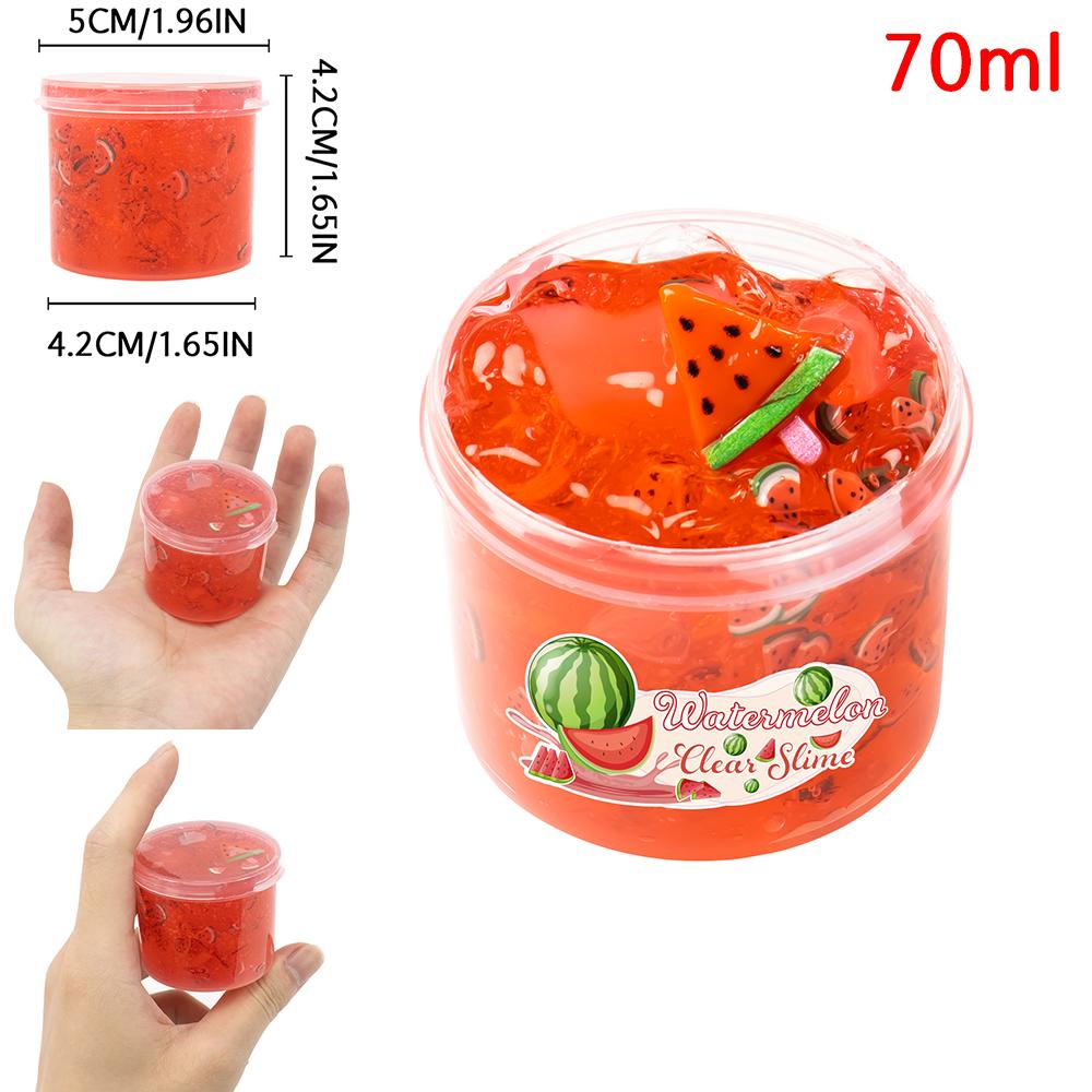 70ml Kristallklarer Schleim mit Wassermelone Pfirsich Avocado Ananas Anhängern - Nicht klebrige weiche Gelee-Knete für Party Weihnachtsgeschenk