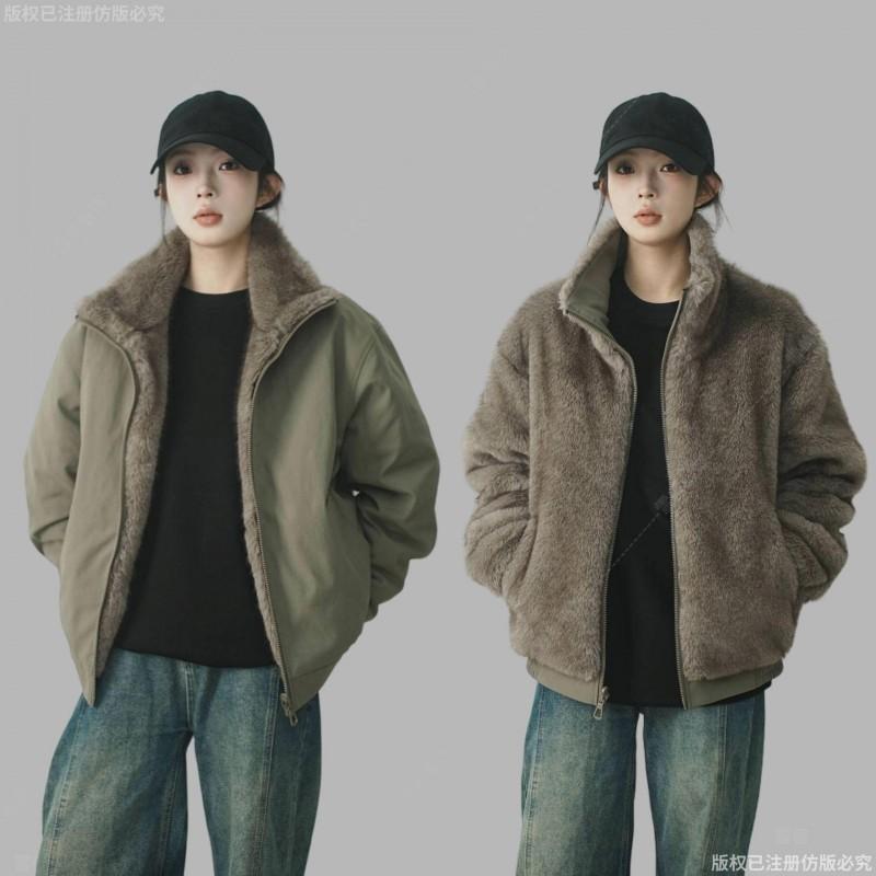 Unisex Winter Thickened Cotton Puffer Jacket With Fleece Lining Stand Collar Zipper Front Loose Fit Men Women