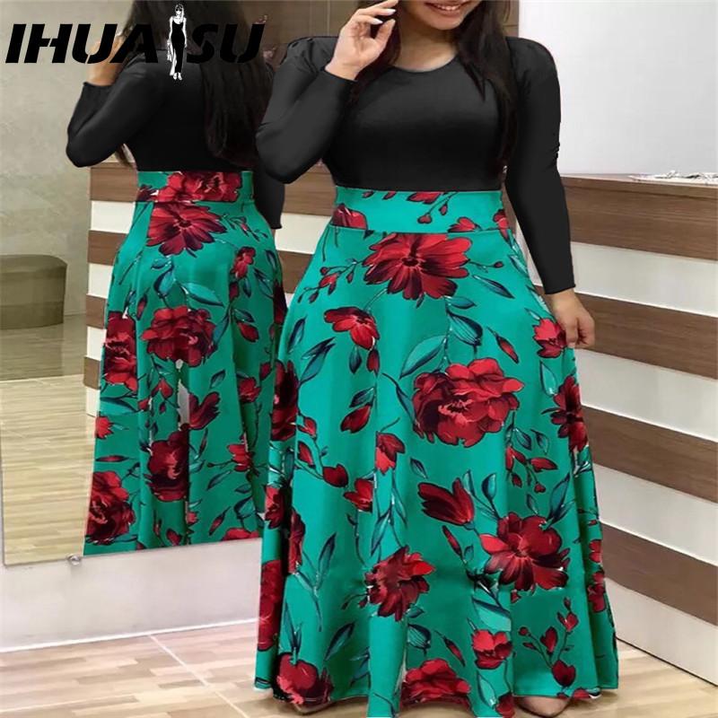 IHUASU Patchwork-Kleid mit Blumenmuster, langen Ärmeln und Bohème-Stil für Damen, Frühling/Herbst, O-Ausschnitt, weit schwingende lange Kleider