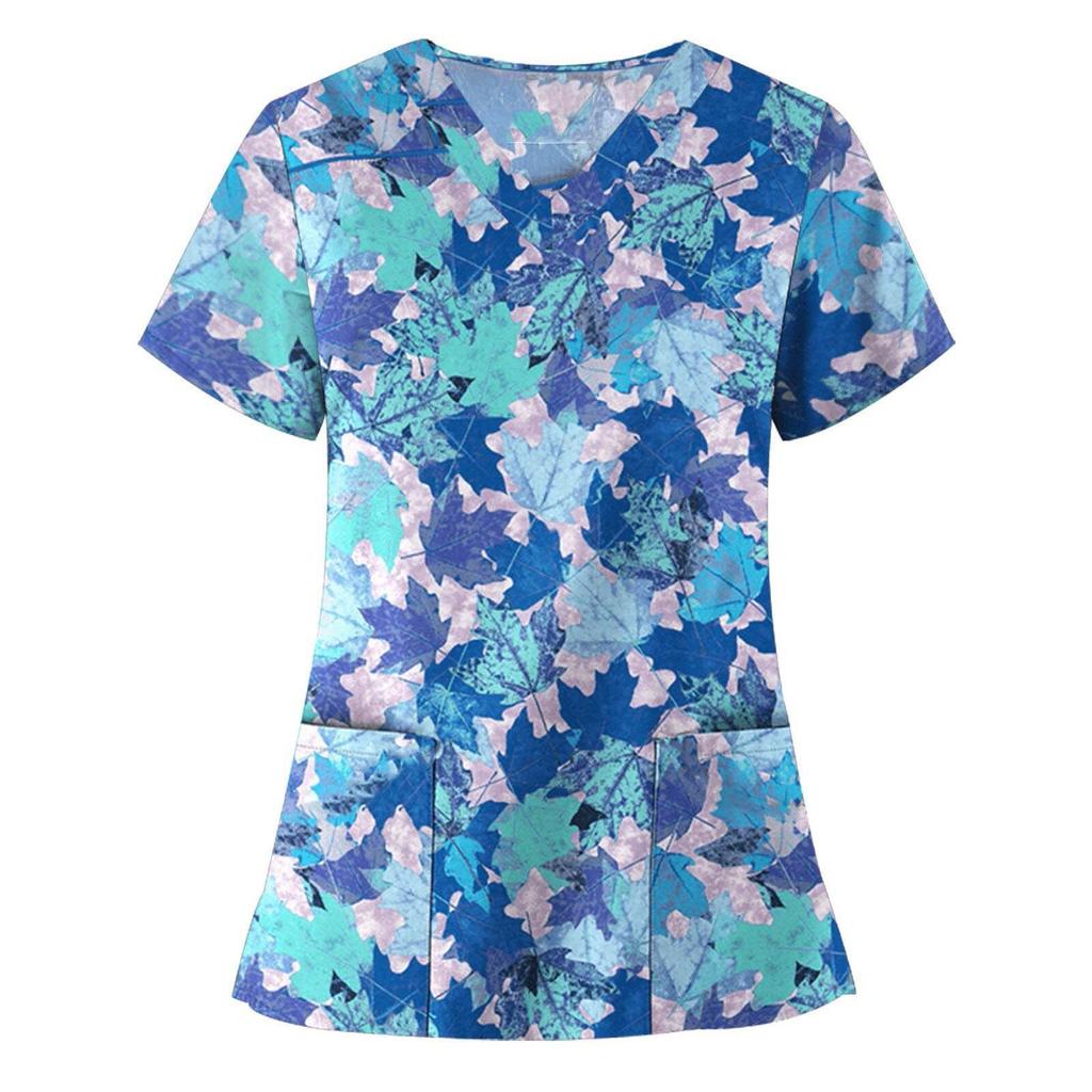 Uniforme de Travail pour Femmes Imprimé Animal Chat Chien Dessin Animé Manches Courtes Col V Hauts Femme Blouse Vêtement de Travail d'Infirmière Uniformes Médicaux