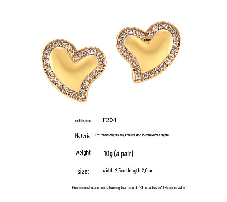 European & American Gold-Plated Titanium Heart Stud Earrings with Diamonds - Women's Fashion Jewelry