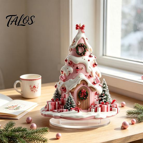 Colorful Acrylic Christmas Crafts Winter Tree Cottage Table Decoration, Double Sided Xmas Cabin Ornament Fairy Tale Igloo Decor with Stable