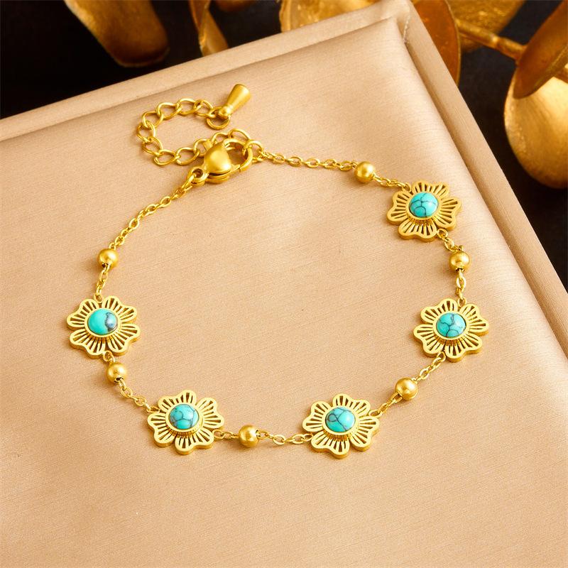 

Vintage Turquoise Flower Gold Plated Chain Stainless Steel Necklace Earrings Bracelet Set Fashion Unique Accessories