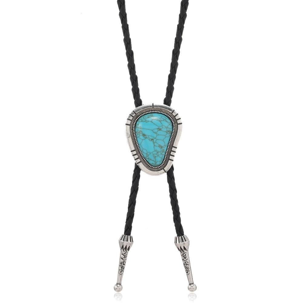 Vintage Artistic Bolo Tie Necklace Antique Silver Round Disc Retro Tie Necklace Turquoise Inlaid Personality