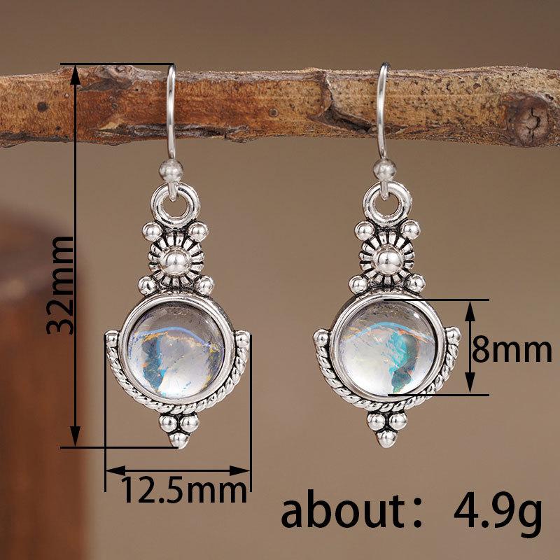 Bohemian earrings, ethnic style imitation moonstone pendant, ear hook women, retro and old craft earrings