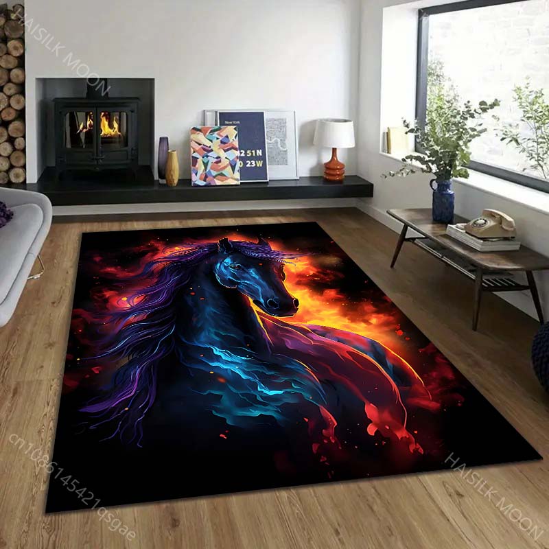 1PC Vibrant black horse with fire Print Carpet Rug for Living Room Bedroom Sofa Doormat Home Decor Non-slip Floor Mat