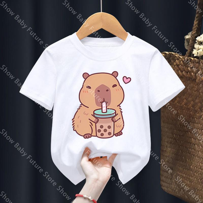 Capybara T Shirt for Boys Girls Tee Round Neck Top Black White Clothes Cartoon Short Sleeve Summer Clothing Gift Soft Breathable