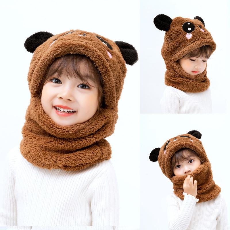 1 Set Autumn Winter Cute Plush Children Scarf Hat 2 In 1 Boys Girls Fleece Warmth Hooded Scarf Set