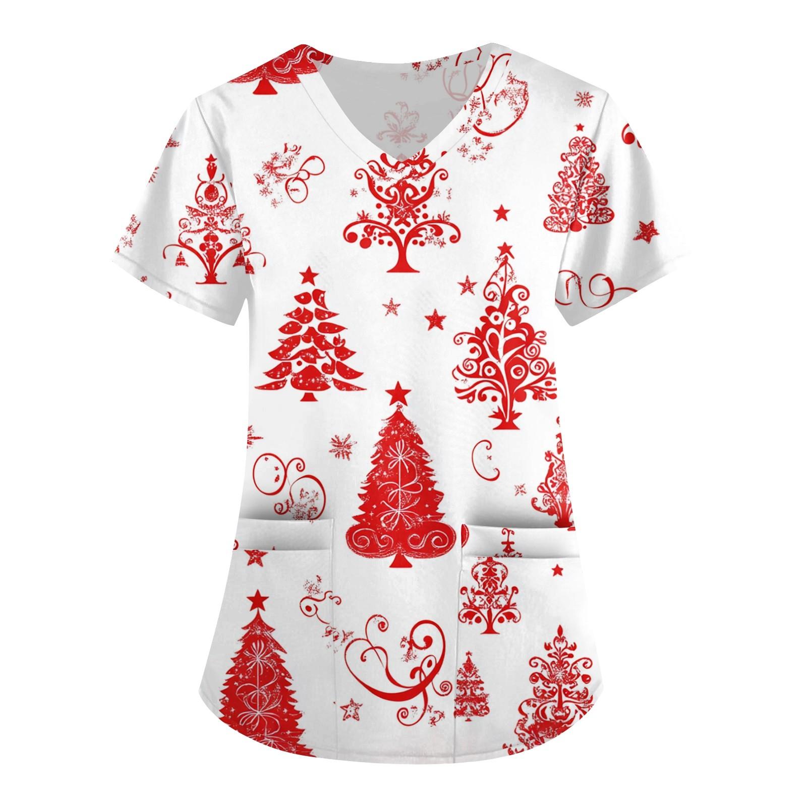 

Женская симпатичная рабочая одежда с принтом, V-образным вырезом, двухслойными карманами, базовым коротким рукавом, пуловером на Рождество M винный