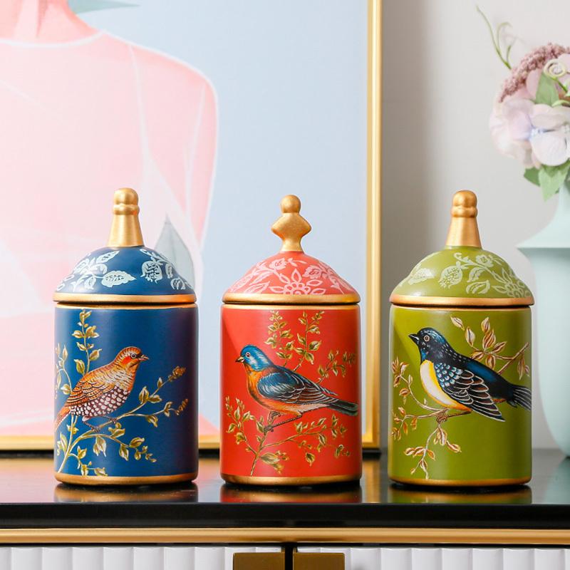 American Ceramic Storage Tank Pastoral Bird Printing Utensil Multifunction Tea Coffee Cup Painted Ceramics With Lid Jewelry Box