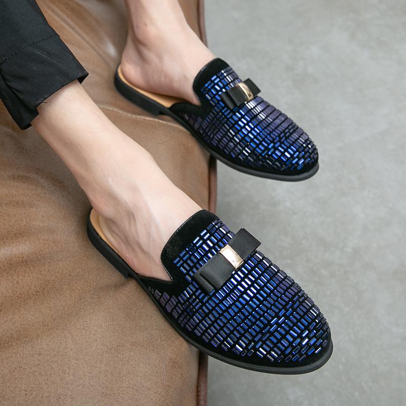 Luxury Designer Men's Rhinestone Bowtie Sandals Half Sequin Shoes For Men Mules Casual Shoes Penny Loafter Loafers Slippers