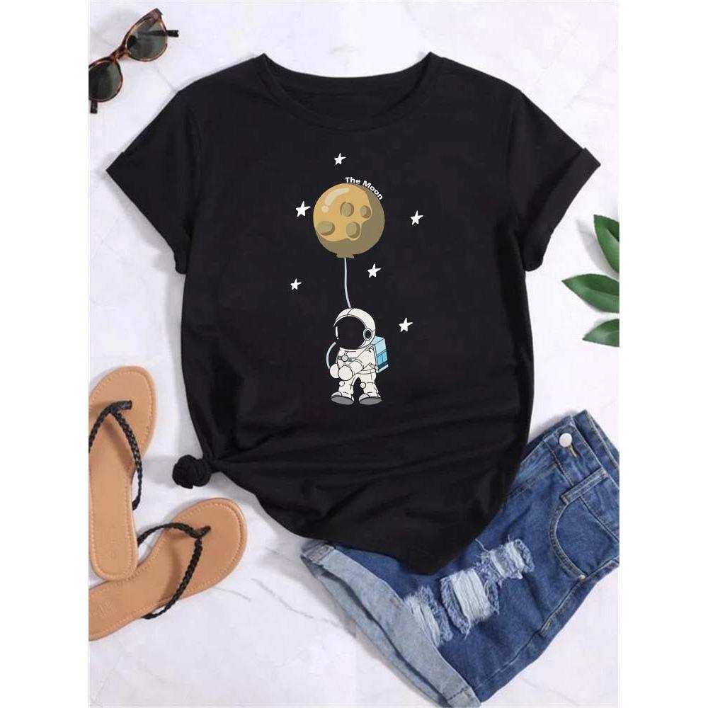 Maycaur T-shirt Dames Maan Planeet Print Mode T-shirts Casual Ronde Hals Korte Mouw Streetwear Dames T-shirt Vintage Tops