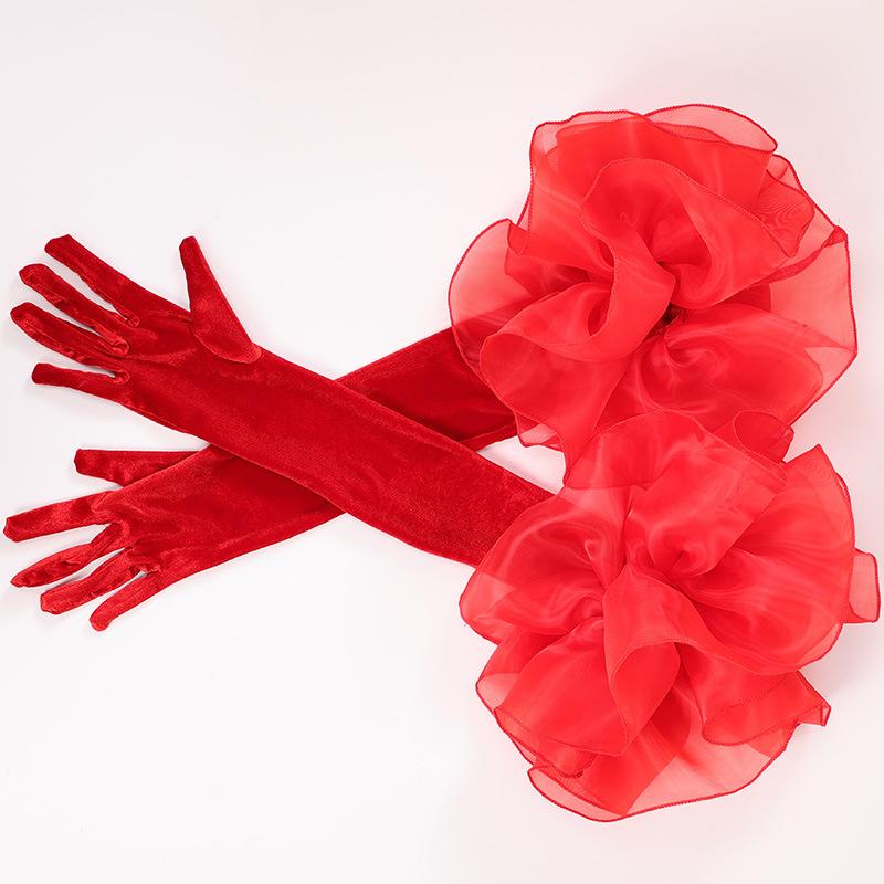 Long Velvet Gloves with Organza Ruffle Cuff, Elbow-Length Formal Gloves for Wedding/Party/Ball