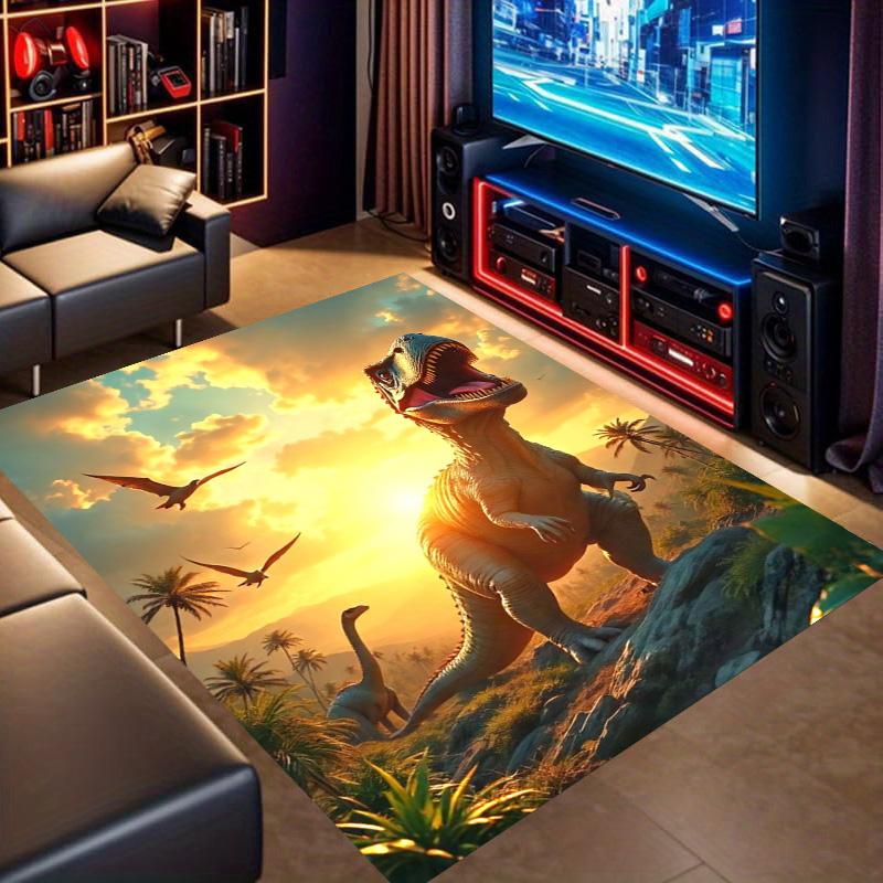 Sunset Dinosaur Mountain Landscape Print Area Rug Non‑Slip Rectangular Floor Mat Prehistoric Creature Decor Rug for Gaming Room Bedroom Living Room