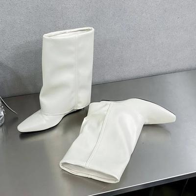 Autumn Wedges Heels Women Ankle Boots Fold Pointed Toe Shoes Modern Short Booties De Mujer