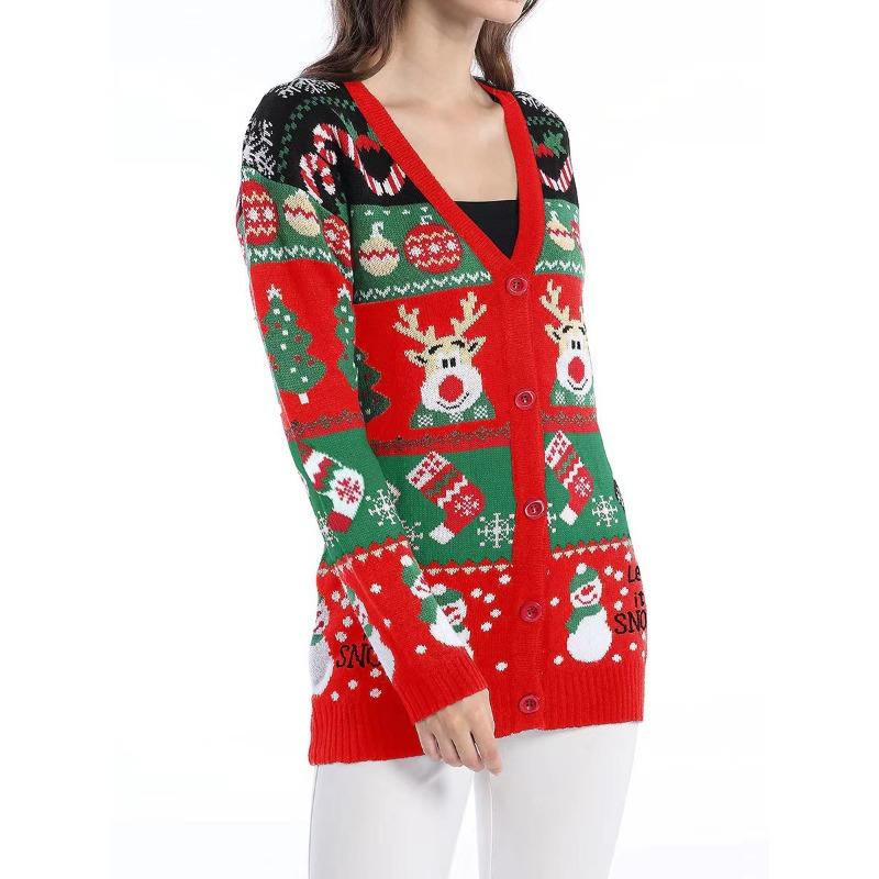 European and American Loose Knitted Cardigan Autumn and Winter New Sweater Jacket Women's Casual Long Sleeved Christmas Sweater