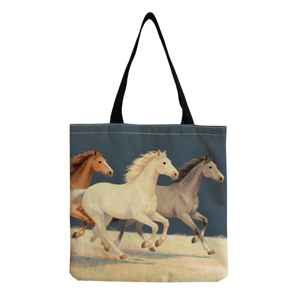 Damen Vintage Leinen-Tragetasche - Große Kapazität Pferdedruck Schulter-Handtasche für Freizeit & Lebensmitteleinkauf KTB