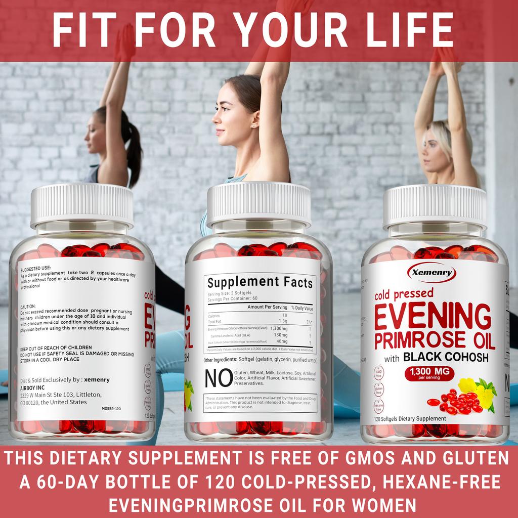 Evening Primrose Oil 1300mg Per Serving, Enhanced with 40mg Black Cohosh Extract, Cold Pressed – 10% Active GLA, Non-GMO, No Gluten