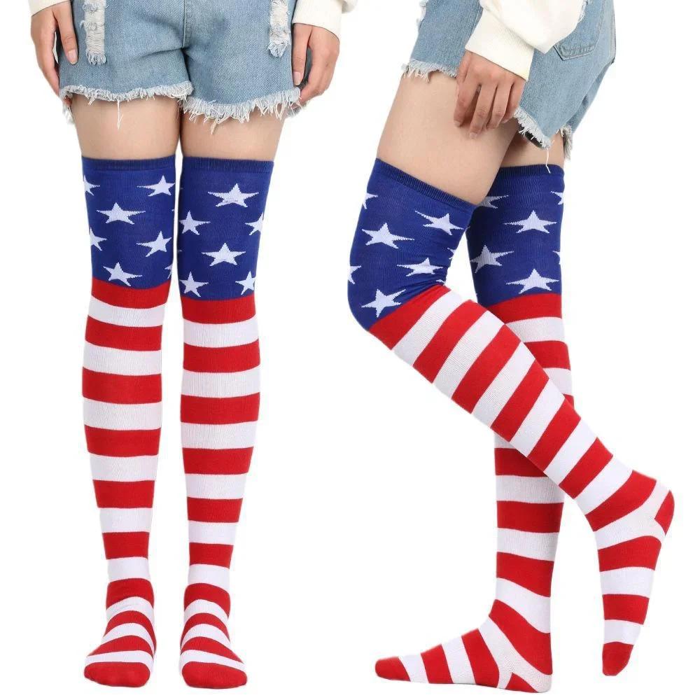Yiran Sexy Lingerie Women's Blue/Red Usa Star Spangled Banner American Flag Stockings Thigh High Leg Warmers Cosplay Girls Over The Knee Thigh High Socks For Woman Cm