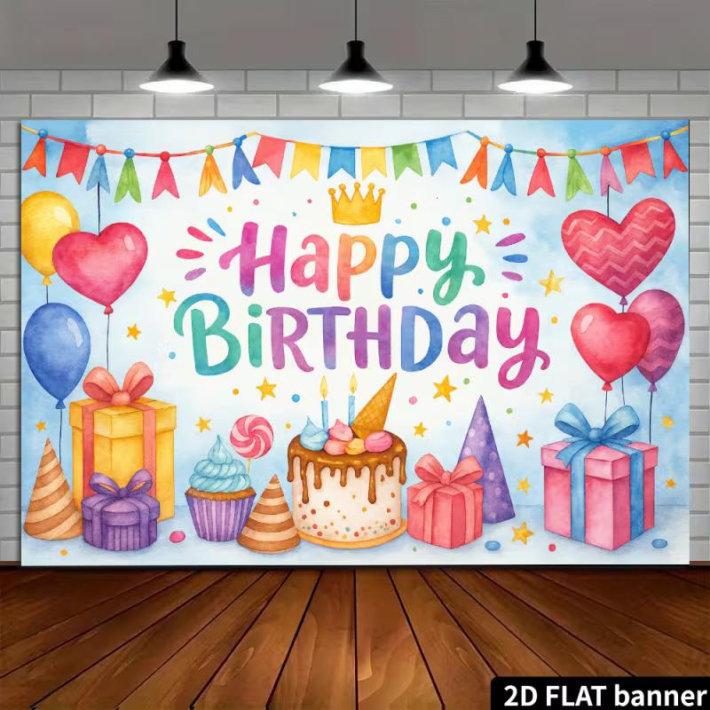 2D Watercolor Happy Birthday Backdrop with Cupcake and Balloons Party Banner