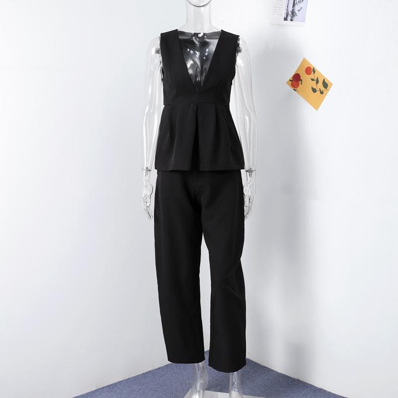 

Элегантный женский костюм с жилетом и оборками, V-образный вырез, без рукавов, укороченный топ, широкие брюки, женский комплект 2025 года, весна-лето, High Street, однотонные женские комплекты L чёрный