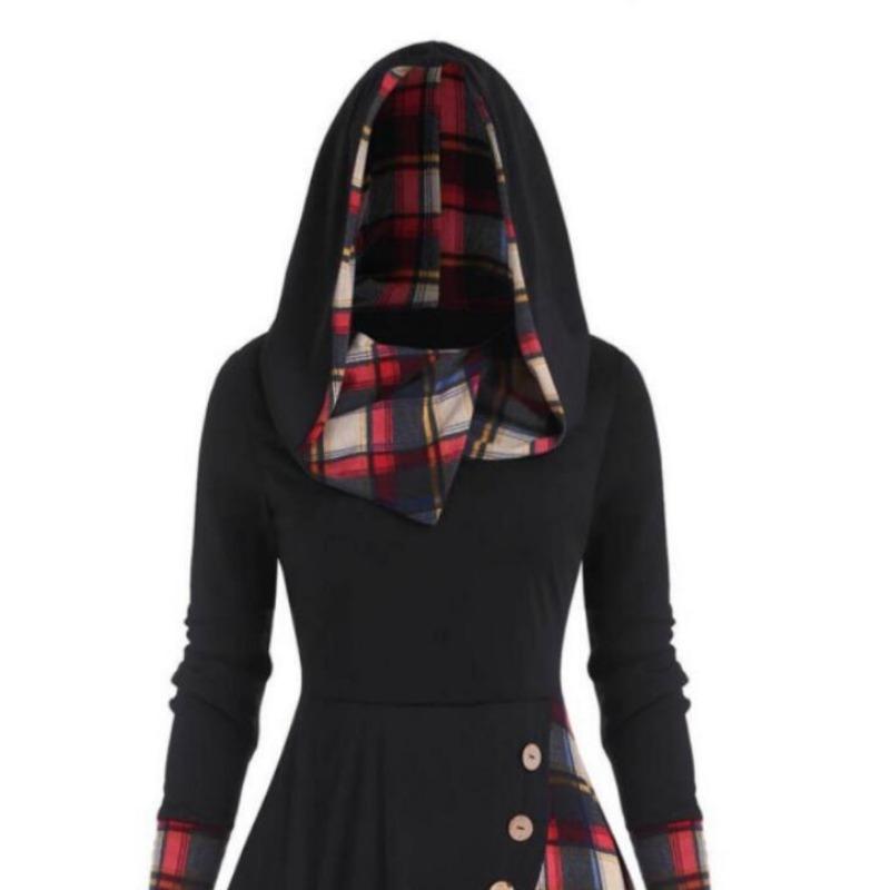 Damen Karo Patchwork Kapuzen-Stehkragen Langarm Midi A-Linien Kleid