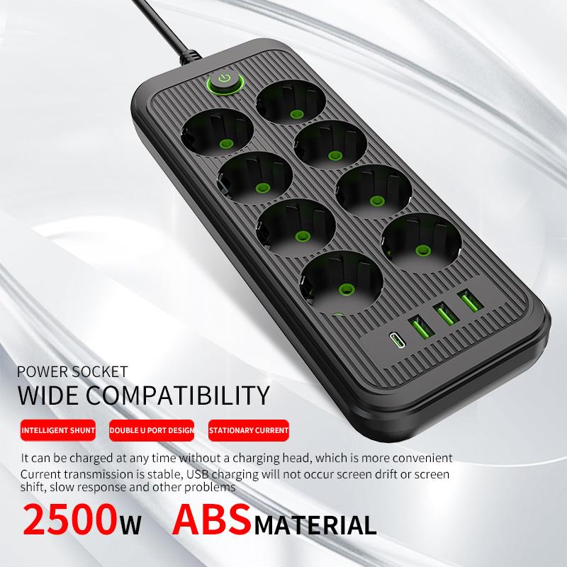 EU Plug AC Outlet Multitap Power Strip 2M Extension Cable Electrical Power Strip USB Home Office Surge Protector Network Filter