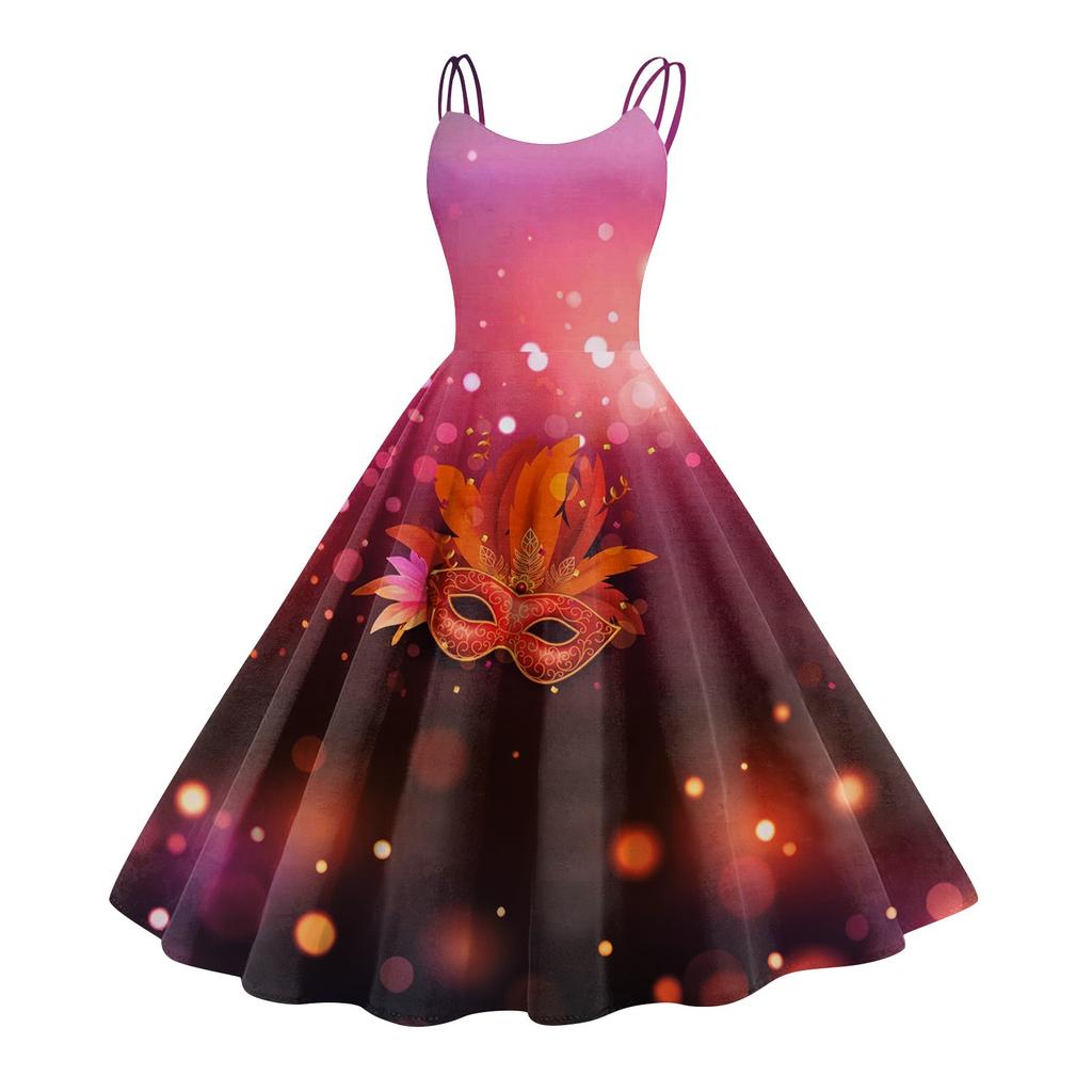 Dámské šaty, Karnevalový potisk, Sexy ramínka, Velká výstava, Retro šaty