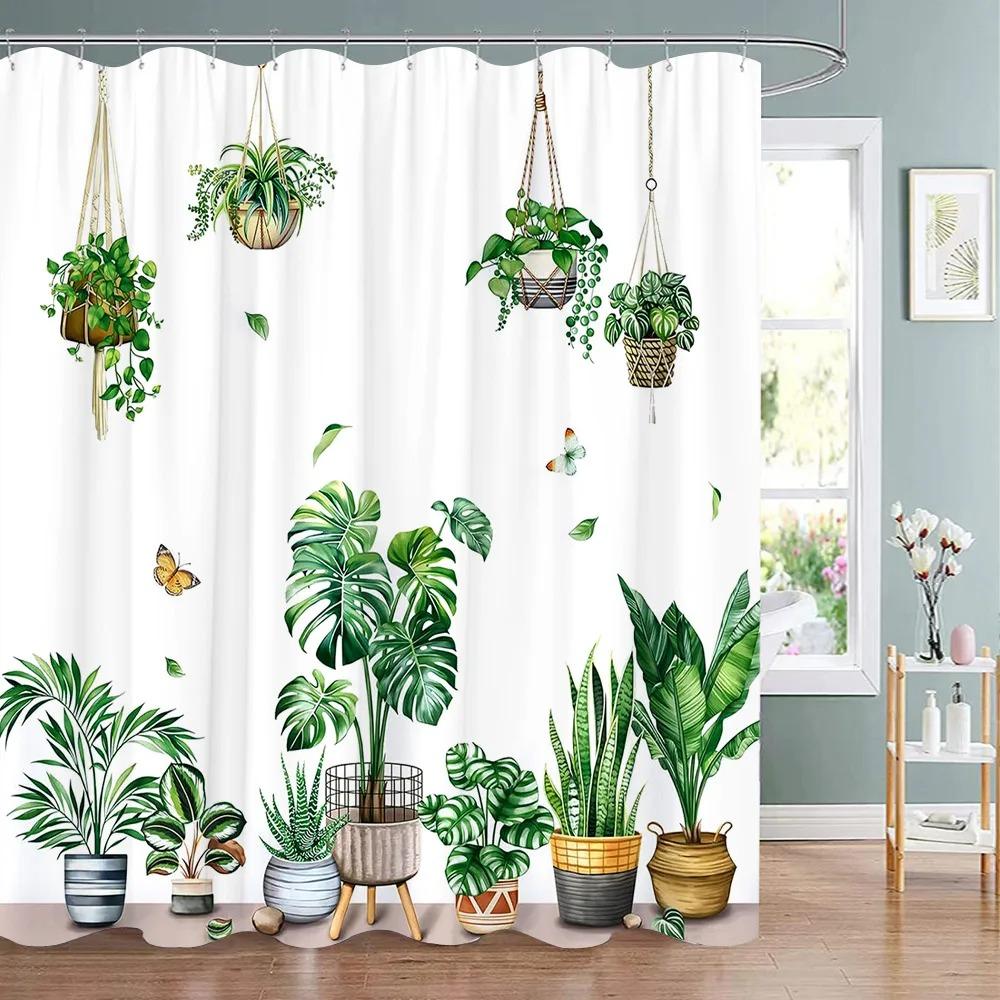 Spring Botanical Floral Shower Curtain Watercolour Style Floral Landscape Washable Fabric Bath Curtain Bathroom Decor With Hooks