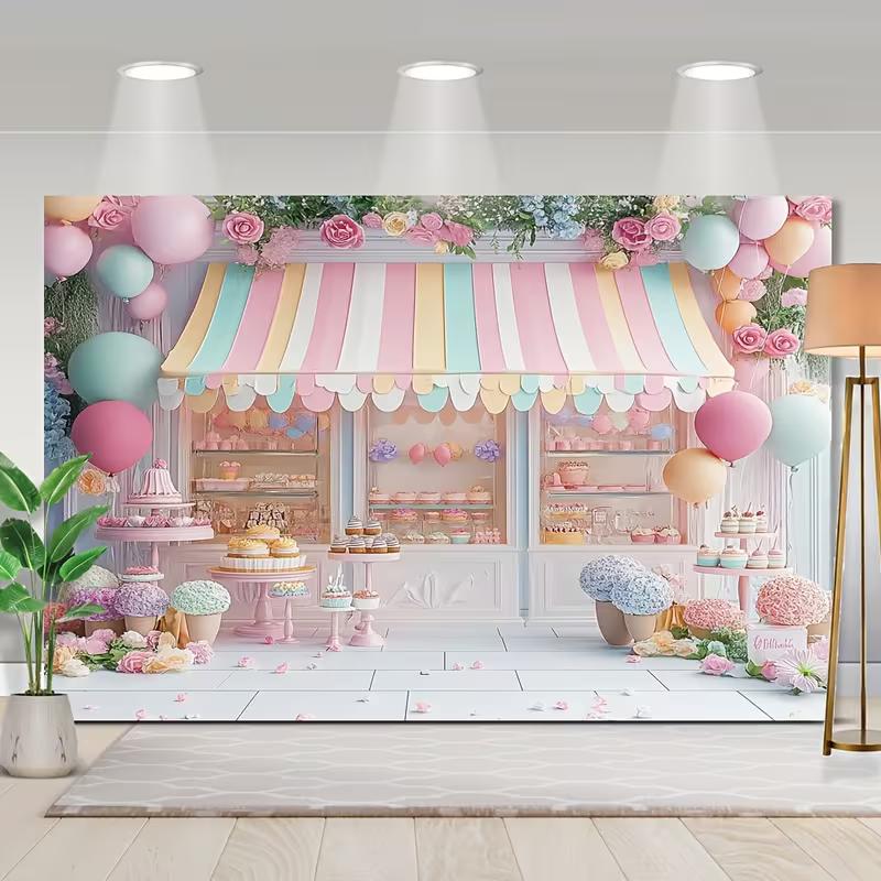 2D Cute Dessert Shop Backdrop, Pastel Macaron Photography Background