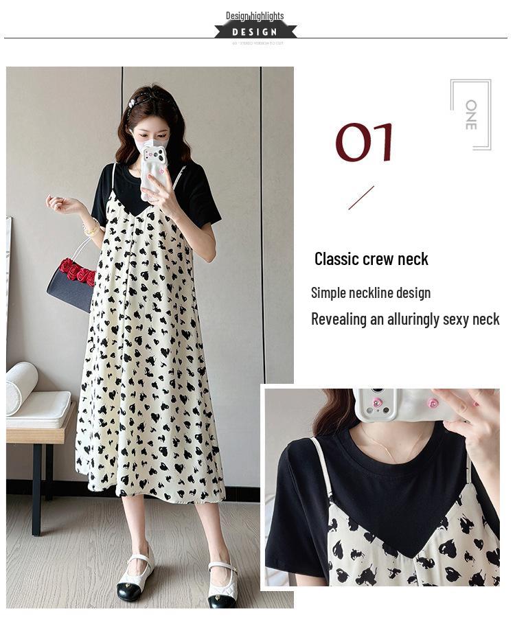 2026 Summer Heart Print Maternity Dress - Mid-Length Two-Piece Style