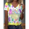 Womens V-Neck Loose Fit Short Sleeve T-Shirt With Colorful Geometric Starry Print Casual Top