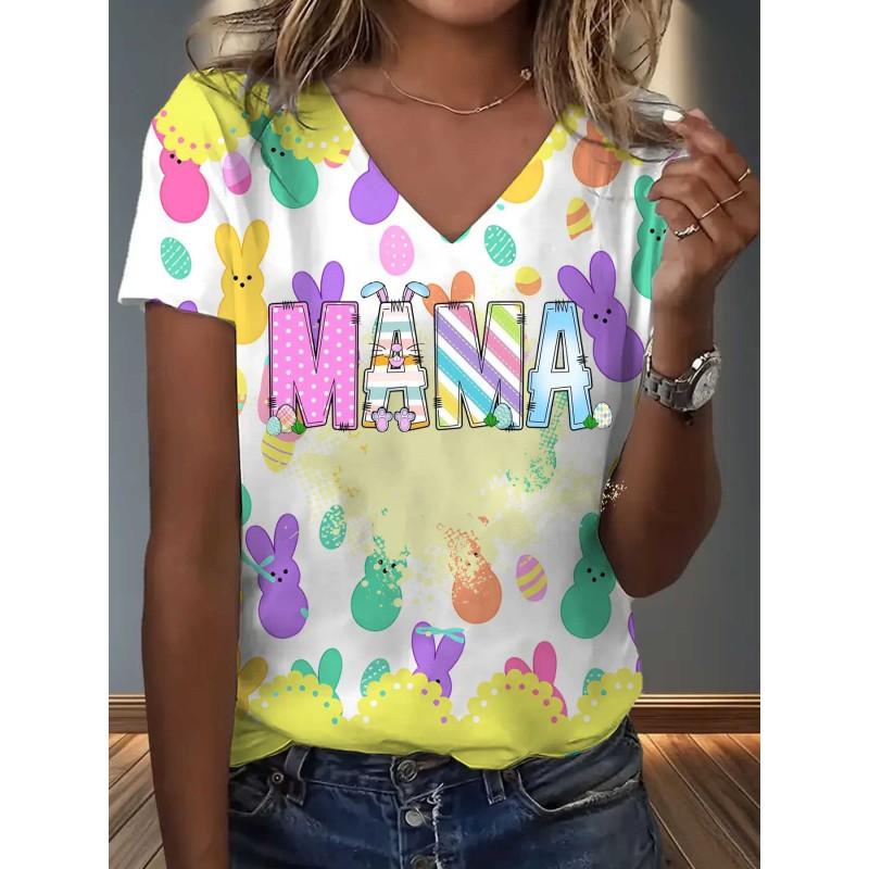 Womens V-Neck Loose Fit Short Sleeve T-Shirt With Colorful Geometric Starry Print Casual Top