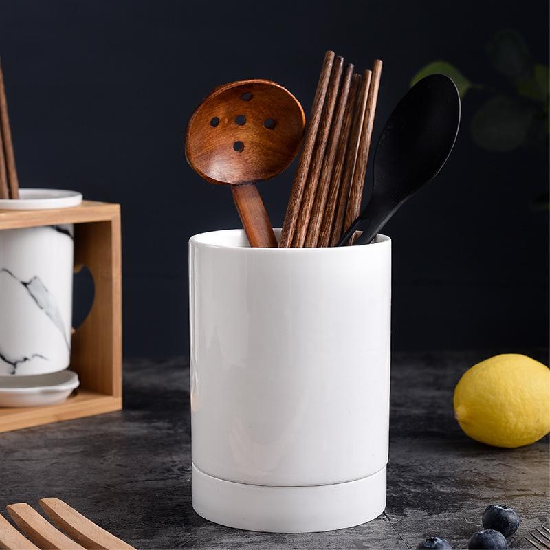 Creative Ceramic Kitchen Organizer - Large Capacity Chopstick Cage  & Spoon Holder, Water Drainage Cutlery Box for Countertop
