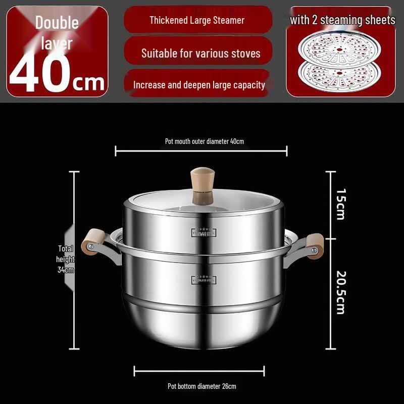 40CM Food-Grade Stainless Steel Double-Layer Steamer Pot