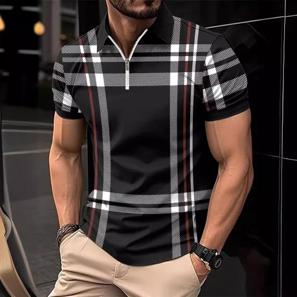 Letní kostkované tričko s krátkým rukávem Pánská ležérní polokošile s klopou