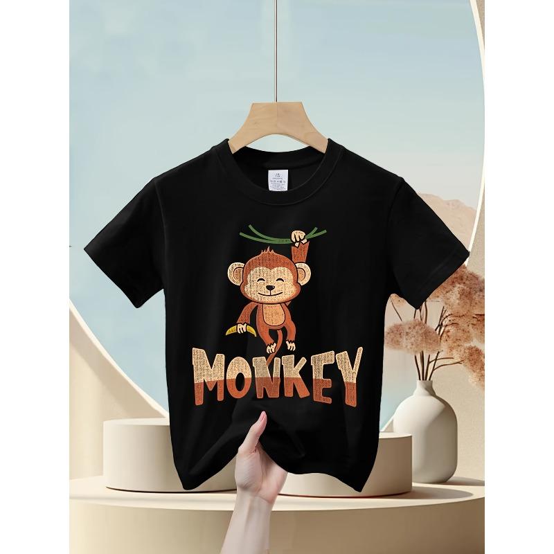 Tallas Europeas Camiseta de Algodón Estampado de Mono - Lindo Rostro de Mono Manga Corta Cuello Redondo Top | Lavable a Máquina