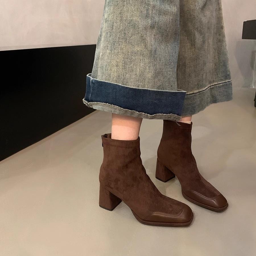 

French temperament square head thick heel high heel small man heightening spring and autumn elastic thin socks boots Korean suede short boots women 35 чёрный