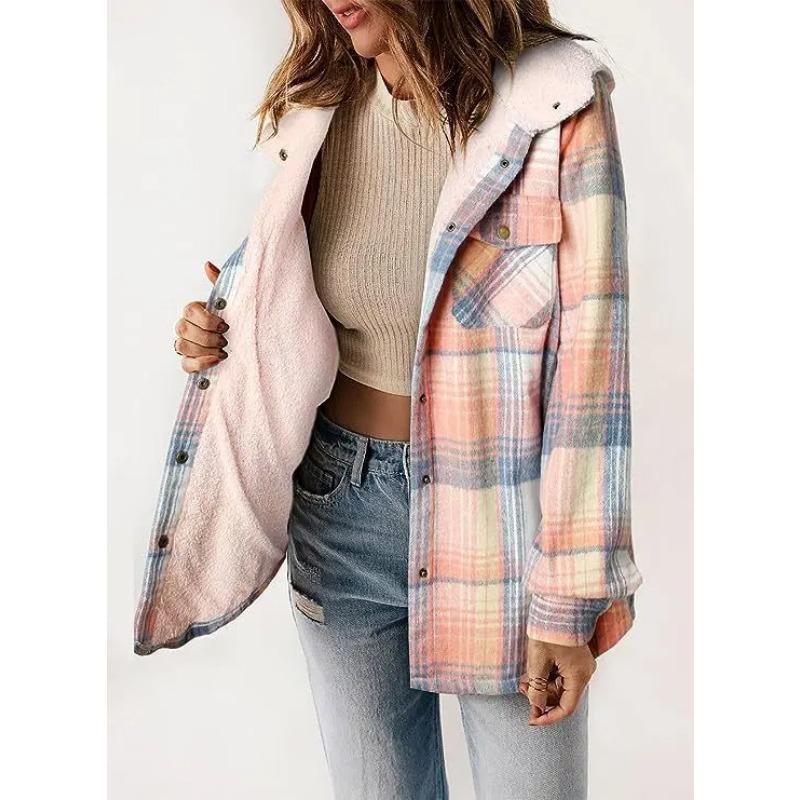 

Winter Jackets Women Plaid Wool Blend Winter Long-Sleeved Hooded Warmth Coats Outerwears Loose Comfortable Tops Women Clothing S розовый