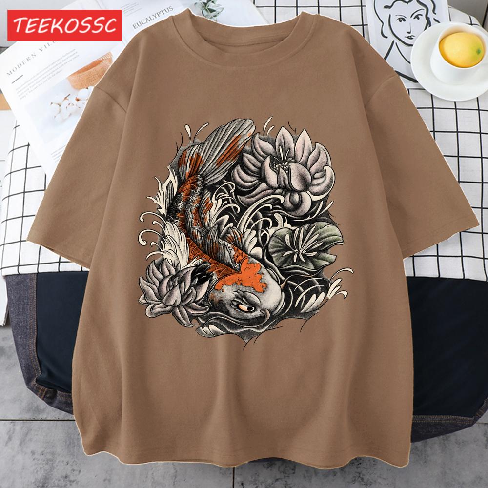 Japanese Harajuku Lotus Koi Print Men T Shirts AllMatch Cotton TShirt Casual Crewneck Loose Streetwear Man Summer Basics Top