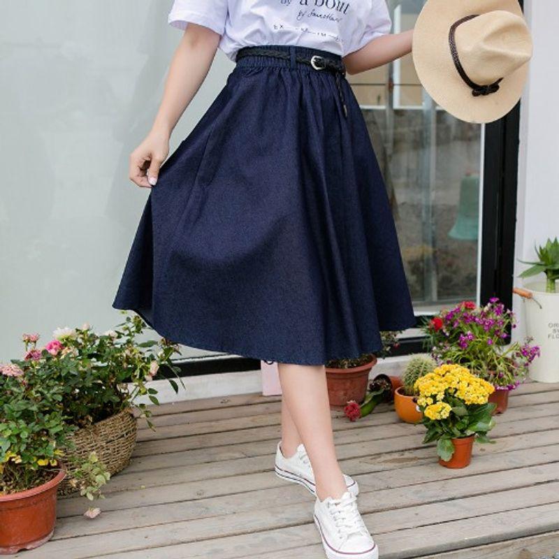

Student Blue Mid-Length Denim Free Belt Skirt Dark blue Free size